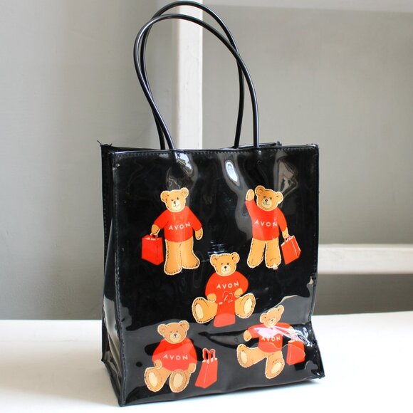 Avon Vintage Black Red PVC Teddy Bear Mini Tote Purse Double Handle Bag - Picture 3 of 6